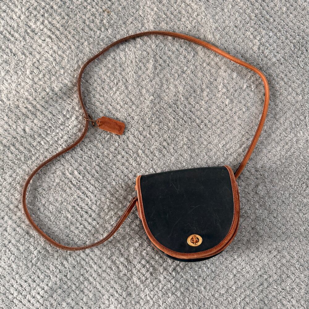 Coach Vintage Mini Half Moon Crossbody Spectator Bag Black W Brown Trim Leather